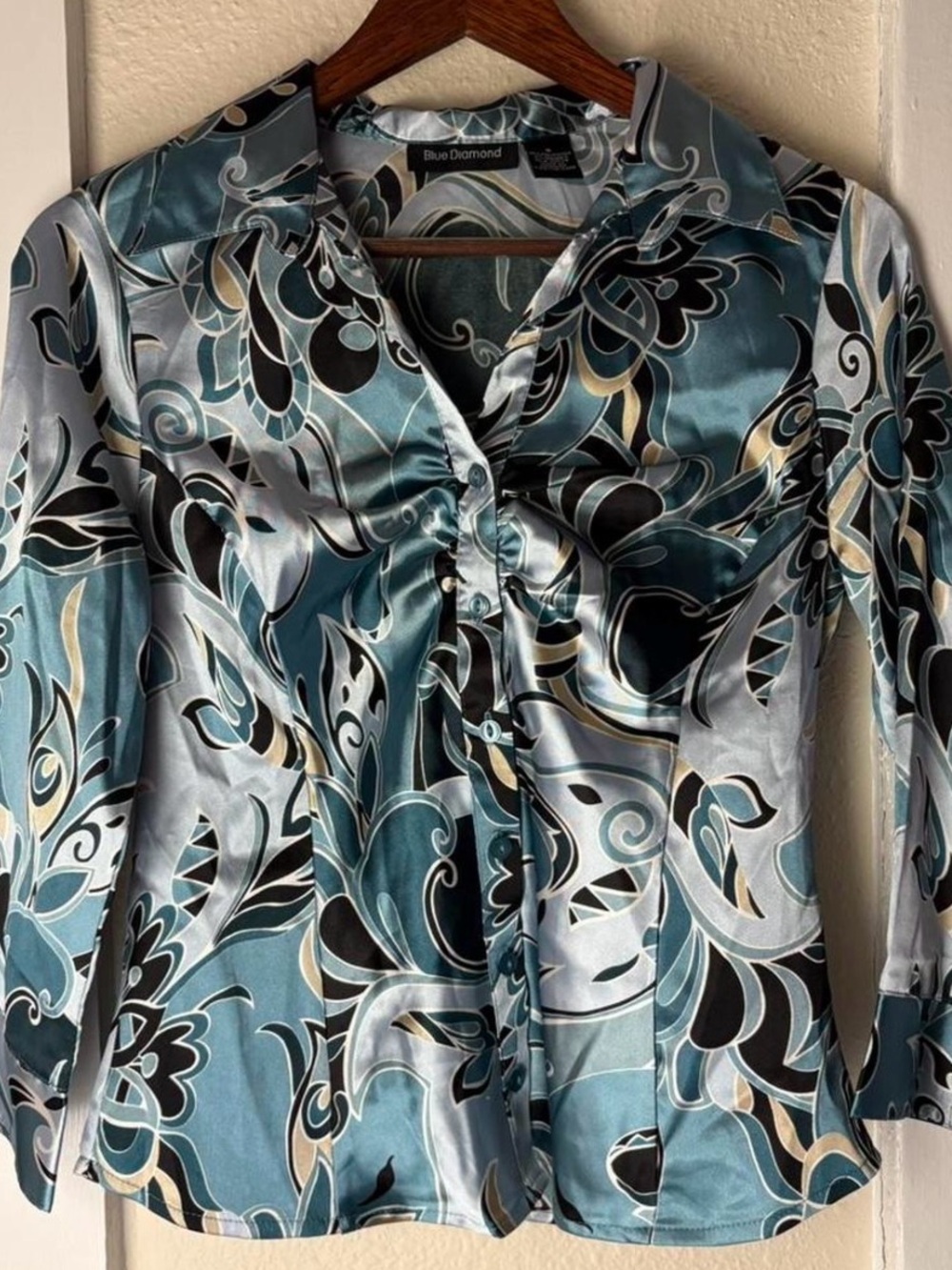 Blue Diamond Teal Satin Button-Front Womens Top
